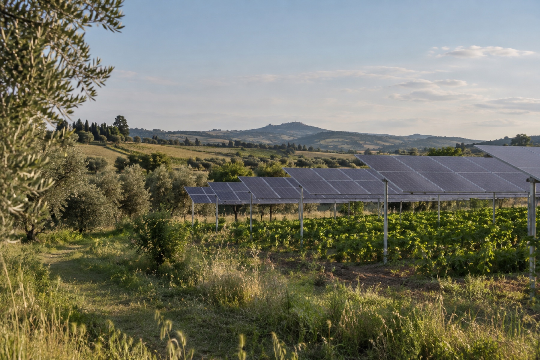 Vista aerea di un impianto fotovoltaico nel paesaggio rurale
